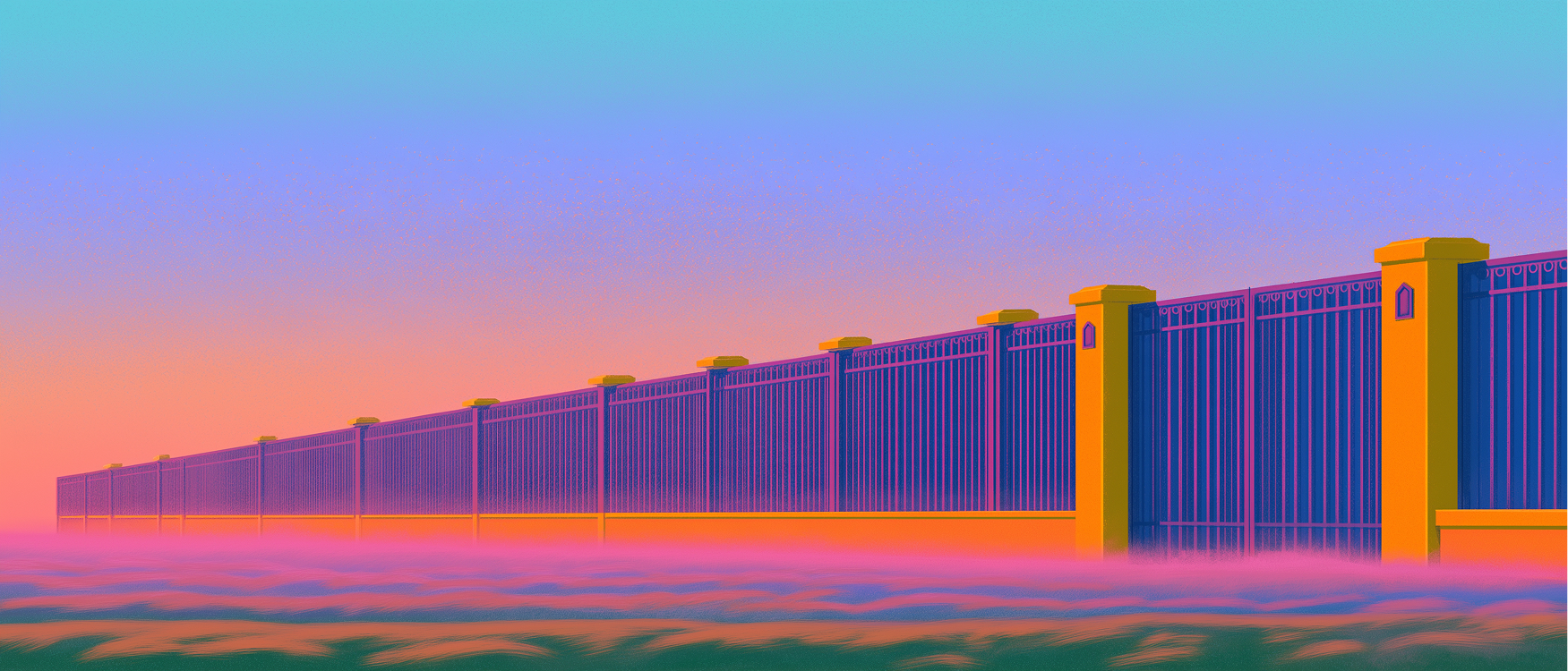 Iron gates along a horizon at dawn
